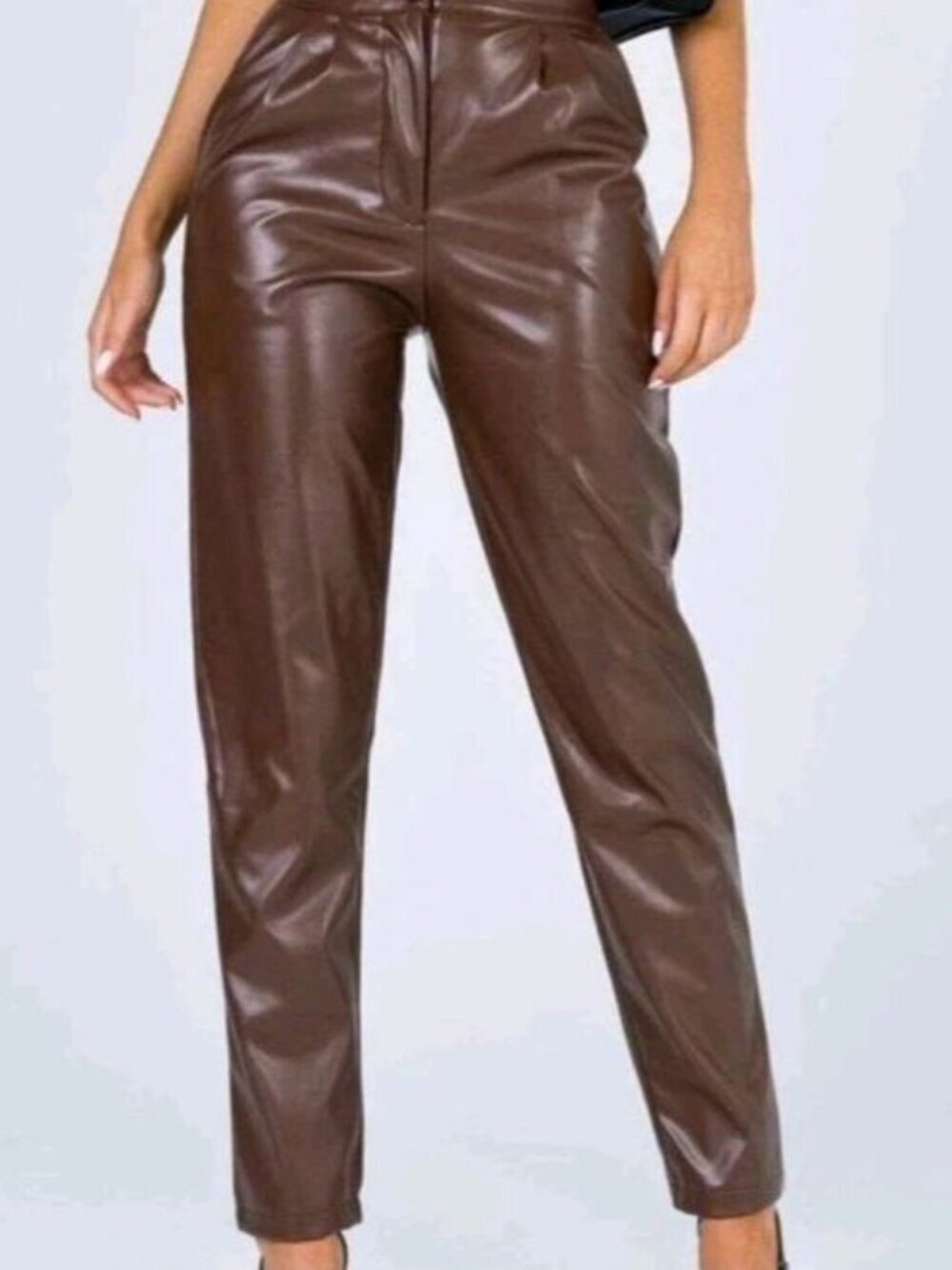Princess Polly Womans Sz 4 Brown Pants Faux Vegan Leather Stretch Pleated